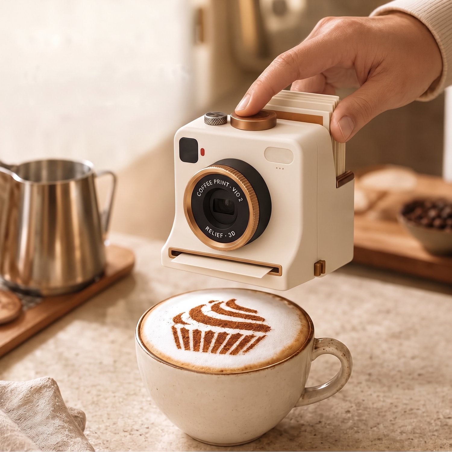 CaféClic – appareil latte art blanc qui dessine un motif cupcake sur un cappuccino