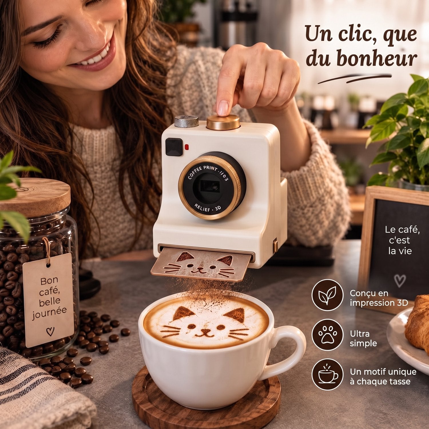 CaféClic – appareil latte art : un clic et un chat apparaît sur la mousse du café