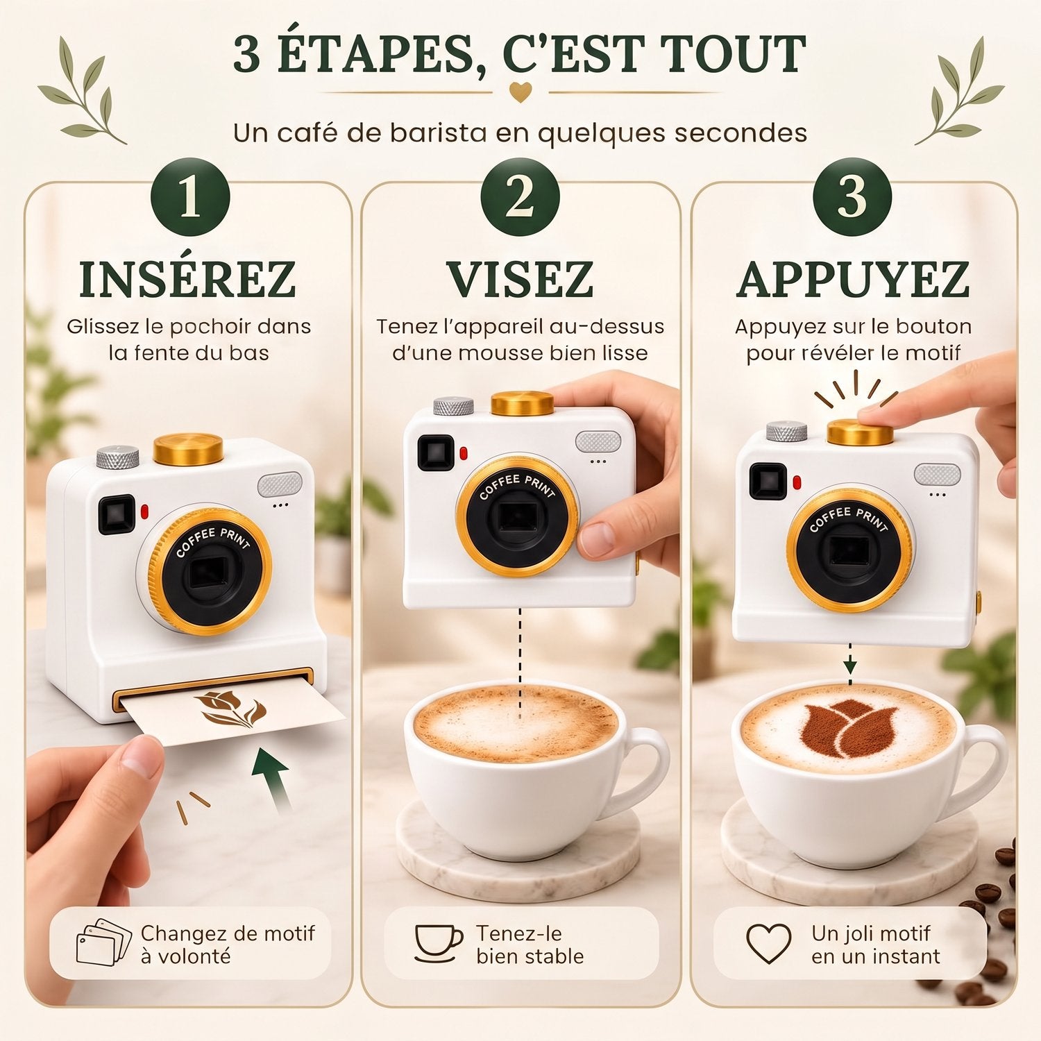 CaféClic – appareil latte art : mode d’emploi en 3 étapes (insérez, visez, appuyez)