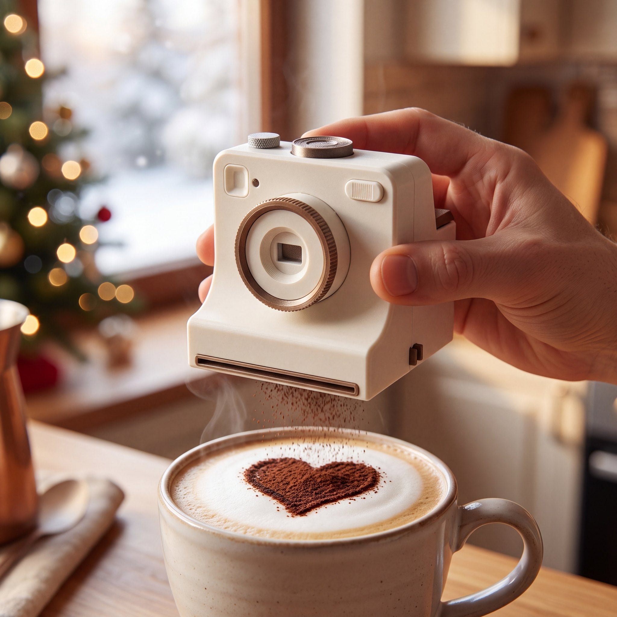 CaféClic blanc – en main au-dessus d’un cappuccino