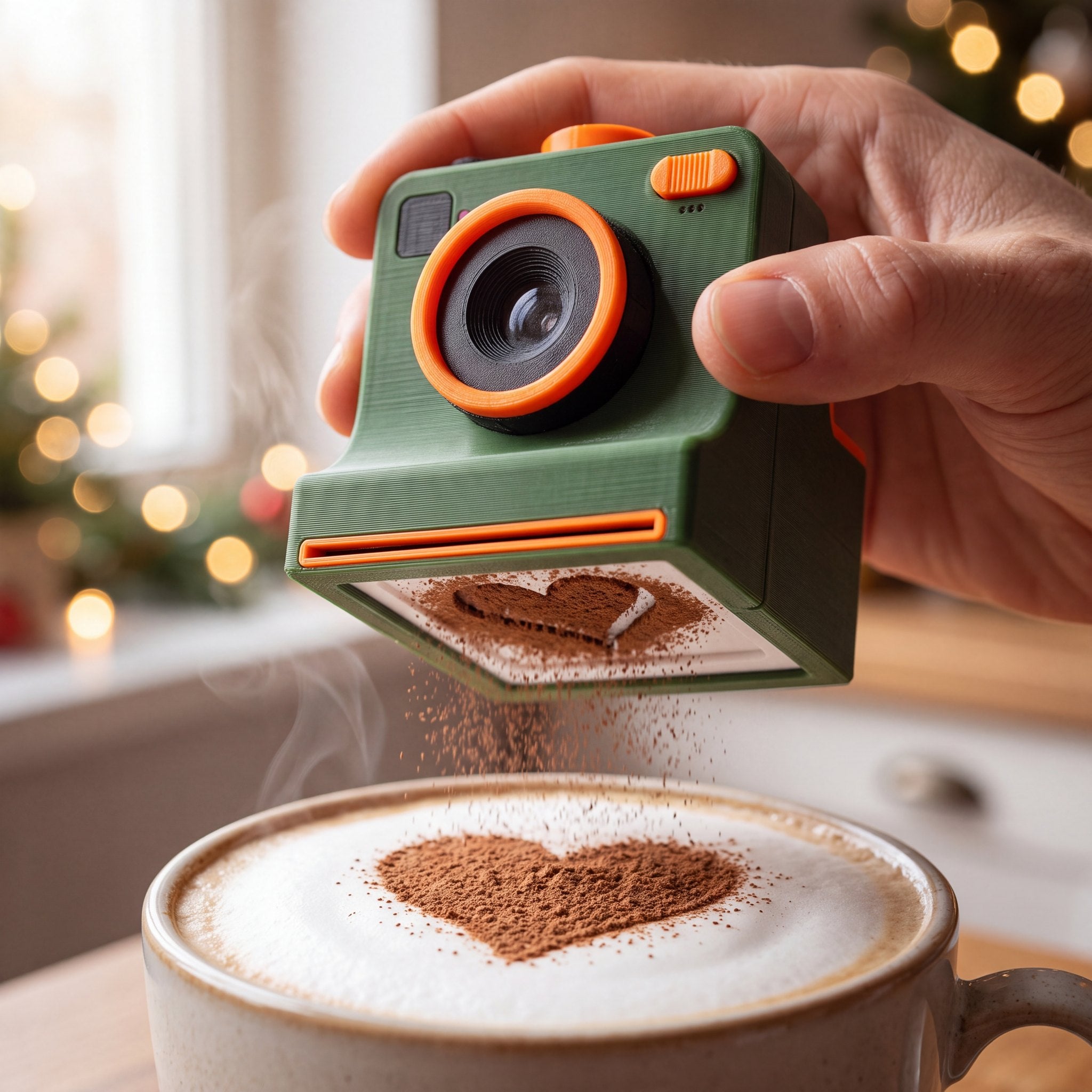 CaféClic vert – en main au-dessus d’un cappuccino